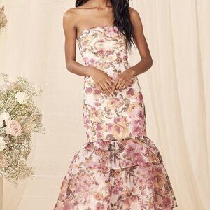 NWT Lulus Fleur of Dreams Ivory and Pink Floral Print Organza Maxi Dress